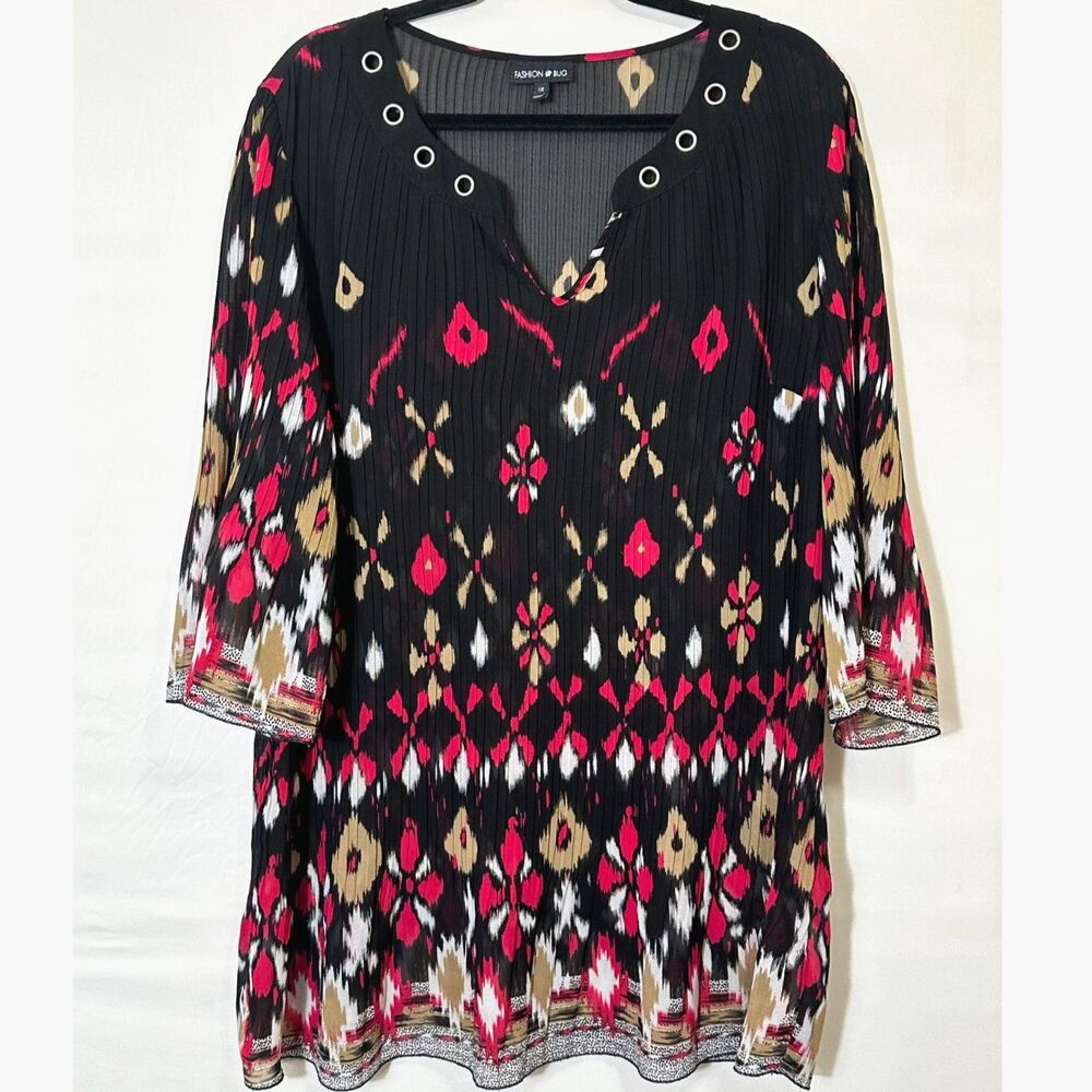 Fashion Bug Vintage Women's Pleated Tunic Plus Size 1X Colorful Tribal Print